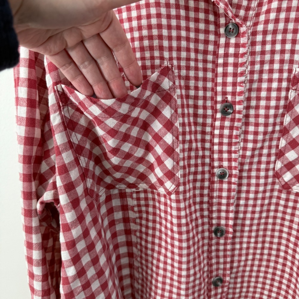 Oli & Hali Multi Buffalo Check Fringe Button Up Top Shacket L Red Side Pockets - Picture 5 of 9